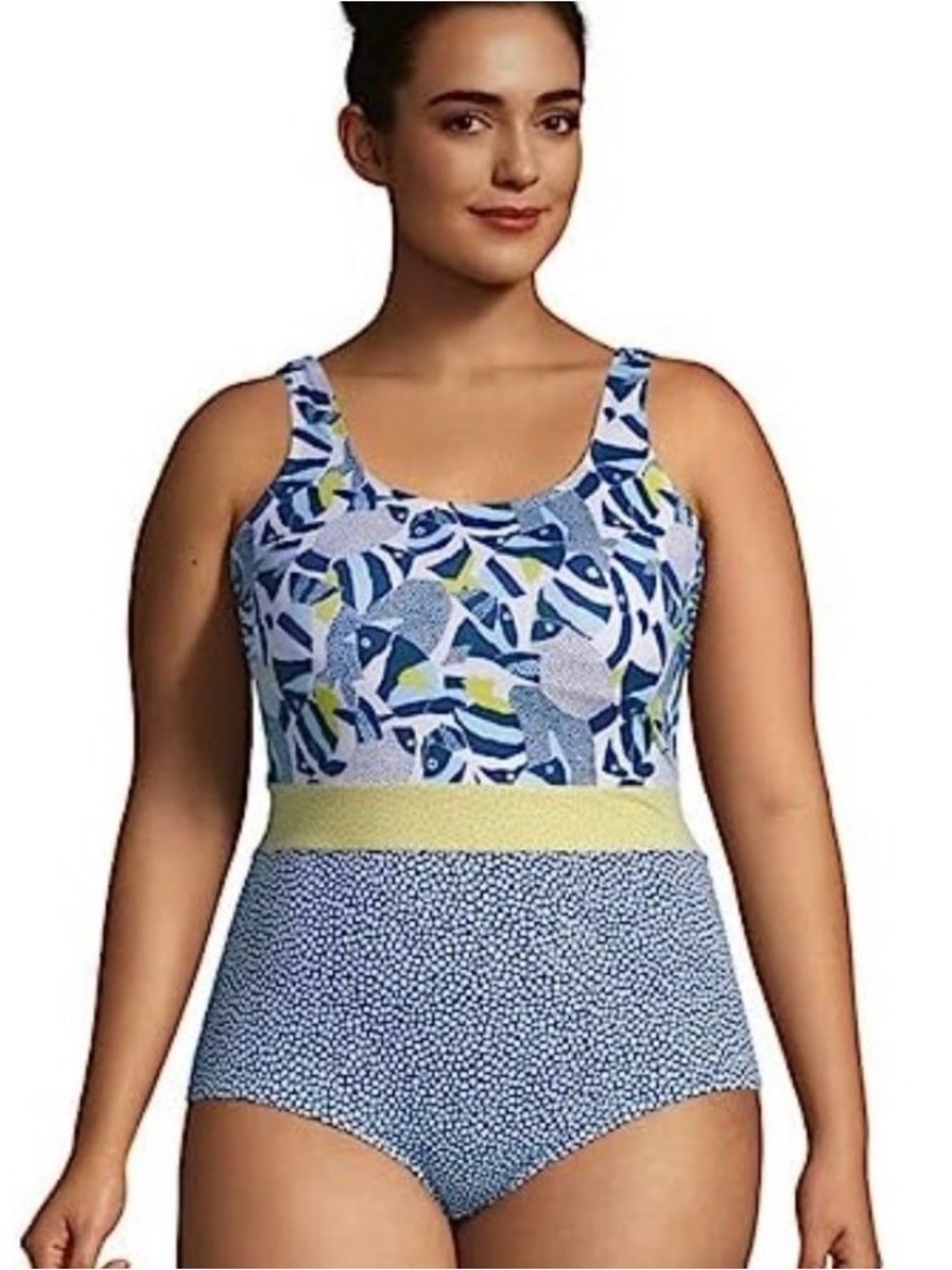 Lands End Fish and Blue Dots Patterned One-Piece Swimsuit with Yellow Waistband